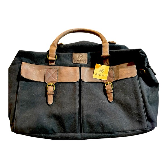NWT Ariat Unisex Canvas/Leather Duffle with Crossbody Strap Black/Brown - Picture 2 of 10